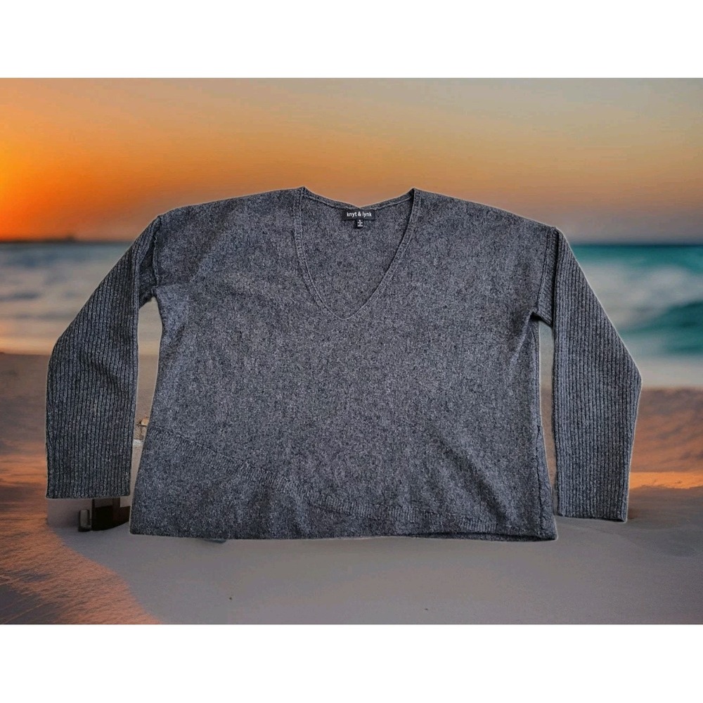 🐑Knyt & Lynk Sweater Women S Heather Gray 100% Cashmere V-Neck Cropped Pullover